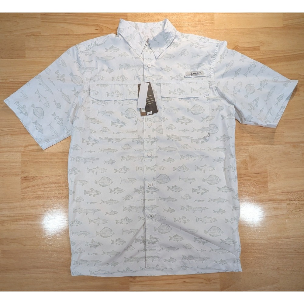 Habit Mens Small White Fish Print UPF 50+ Fishing Shirt Short Sleeve TS10799 NWT